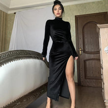 Load image into Gallery viewer, Women Clothing Autumn Winter Turtleneck Maxi Dress Slim Pleated Split Dress