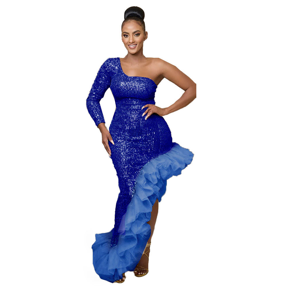 Sexy Sequin Single Shoulder Mesh Stitching Irregular Asymmetric Dress