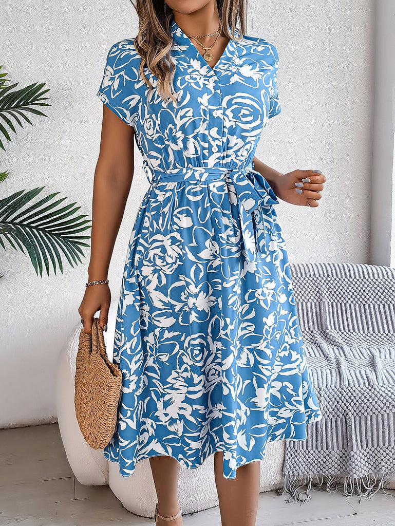 Spring Summer Casual V neck Buttons Batwing Sleeve Floral Swing Dress Women Clothing