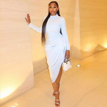 Load image into Gallery viewer, Solid Color Elegant Women Pleated Trendy Hip Dress Tight Waist round Neck Long Sleeve Asymmetric Dress
