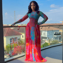 Load image into Gallery viewer, Women Clothing Vintage Crumpled Printed Patchwork Waist Slimming A line Dress round Neck Home Long Sleeve Dress