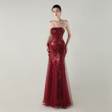 Load image into Gallery viewer, Tube Top Cross Strap Beaded Tube Floral Sequin Mesh Evening Dress Cocktail Wedding Social Elegant Clothing