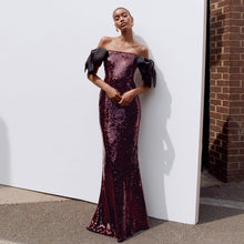 Load image into Gallery viewer, Coffee Color Colorful Sequin Long Evening Dress off Shoulder Black Bow Cocktail Fishtail Dress