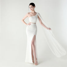 Load image into Gallery viewer, Single Shoulder Crossbody Stitching Mesh Design Satin Slim Cocktail Dress Evening Dress