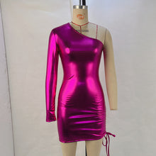Load image into Gallery viewer, Metallic Coated Fabric Women Clothing Sexy Oblique Shoulder Waist Drawstring Bag Hip Dress Women Dress Nightclub