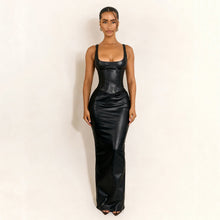 Load image into Gallery viewer, Women Clothing Square Collar Low Cut Drawstring Slim Fit Leather Dress Sexy Sheath Split Dress