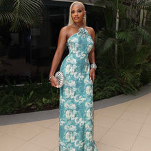 Load image into Gallery viewer, Fresh Women Clothing Elegant Backless Halter Hip Elegant Blue White Abstract Printing Maxi Dress
