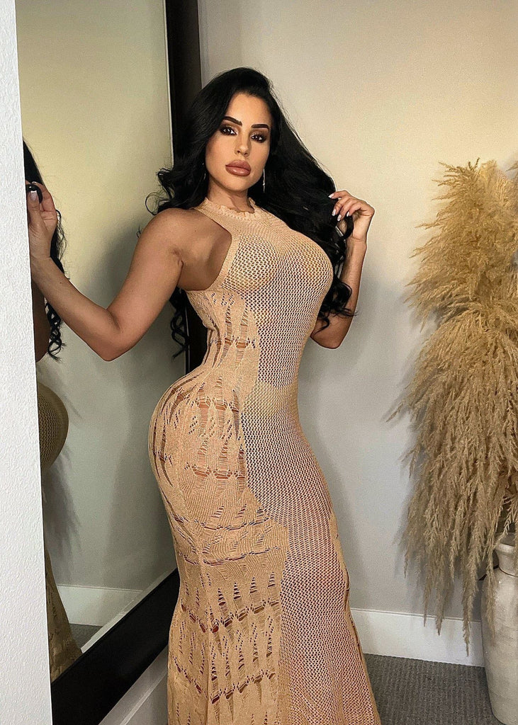 Summer Sexy Women Dress Fashionable Knitted Hollow Out Cutout Beach Dress