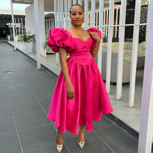 Load image into Gallery viewer, Women Clothing Spring Square Collar Puff Sleeve Solid Color Waist Tight Mid Length Dress