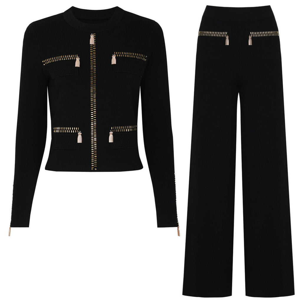 Spring Autumn Rhinestone Knitted Net Red Casual Jacket Pants Two Piece Sets