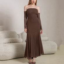 Load image into Gallery viewer, Autumn Winter Mesh Long Sleeve off Shoulder Dress Sexy Backless Ruffle Hip Irregular Asymmetric Maxi Dress