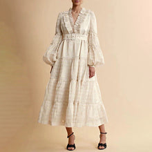 Load image into Gallery viewer, French Elegant Retro Spring V neck Long Sleeve Belt Waist Design Long Solid Color Wide Hem Dress