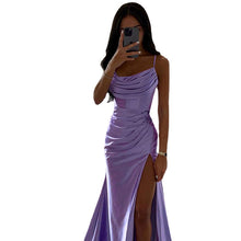 Load image into Gallery viewer, Women Spring Tube Top Pleated Slit Satin Dress Sexy Slim Hip Dress