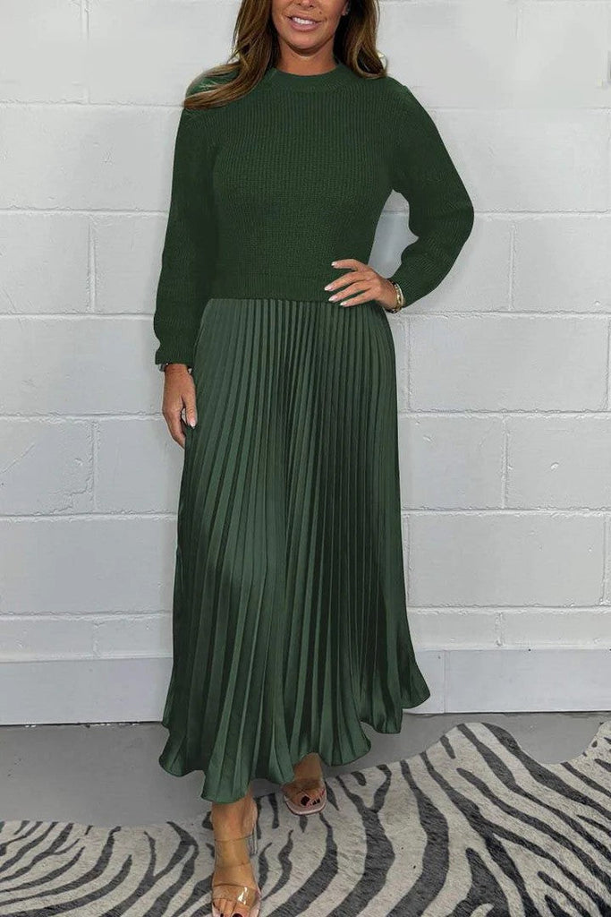 New Autumn Winter Women round Neck Top Sunken Stripe Pleated Dress