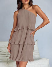 Load image into Gallery viewer, Spring Summer Women Clothing Oblique Shoulder Layered Stitching Hem Solid Color Dress Women