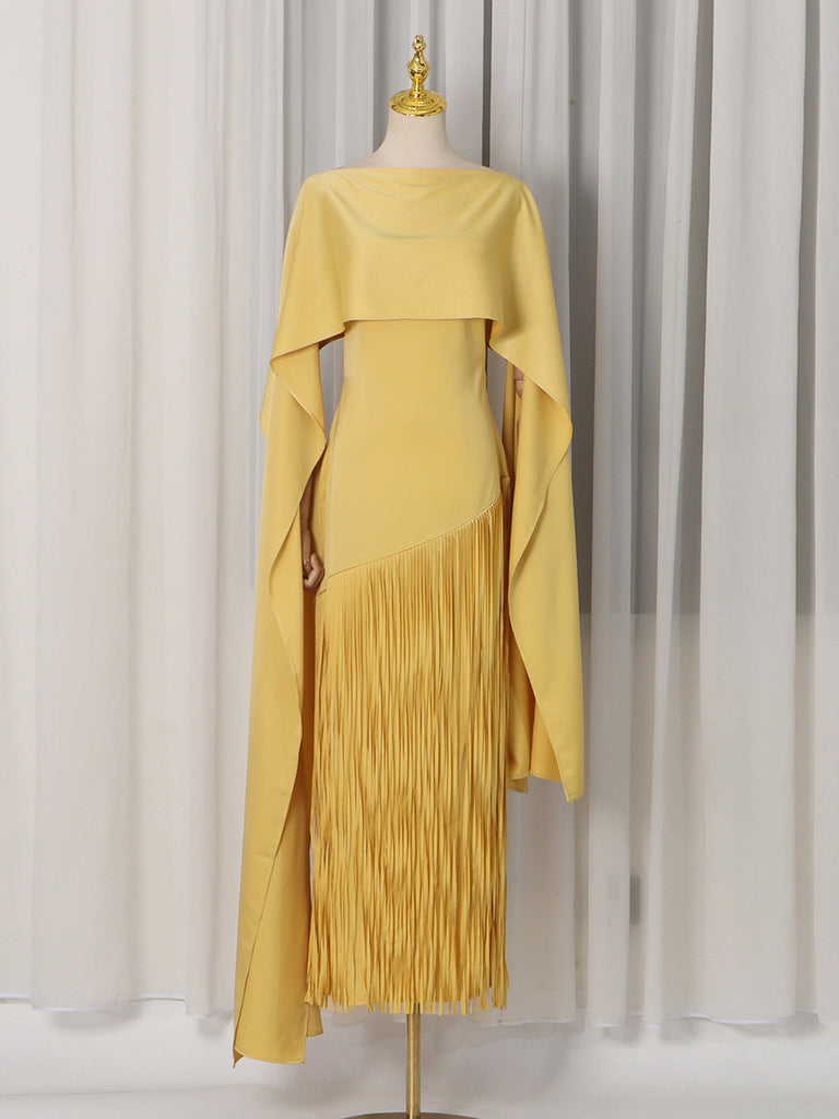 Spring Elegant Retro Faux Two Piece Long Skirt Shawl Design Tassel Dress Swing Dress Women