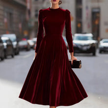 Load image into Gallery viewer, Women Clothing Spring Summer round Neck Korean Velvet Elegant Long Sleeved Dress