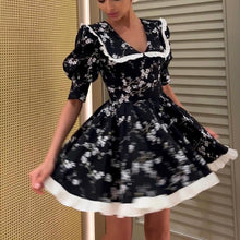 Load image into Gallery viewer, Women Digital Printed Peter Pan Collar Puff Sleeve High Waist Contrast Color A line Dress