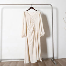 Load image into Gallery viewer, French Retro Lantern Sleeve V Neck Sexy Beaded Waist Slimming Glossy Satin Dress Women