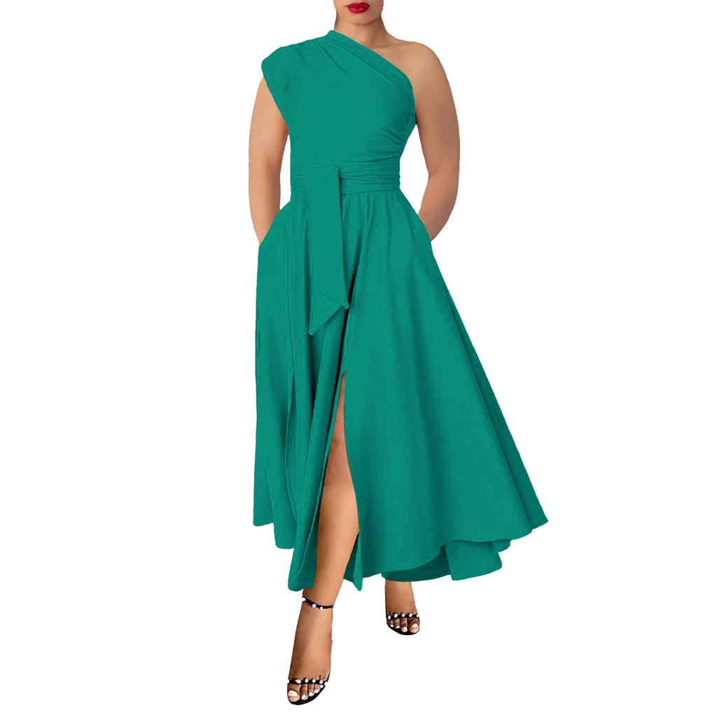 Summer Women Wear Sleeveless Diagonal Collar Solid Color Waist Tight Swing Dress