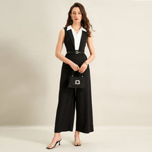 Load image into Gallery viewer, Summer Faux Two Piece Black White Color Stitching Turnover Neck Sleeveless Jumpsuit for Women（Without belt）