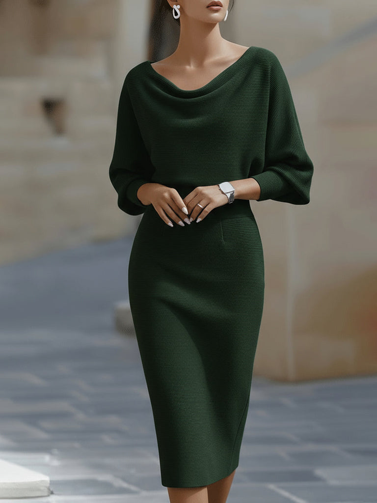 Draped Batwing Sleeve Mid Length Dress
