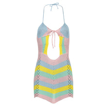 Load image into Gallery viewer, Wave Striped Contrast Color Product Mother Halter Straps Backless Chest Hollow Out Cutout Sexy Woolen Short Dress Women