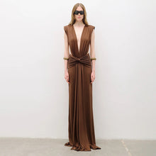 Load image into Gallery viewer, Sexy Brown Twisted Pleated Sleeveless Deep V Plunge Women Clothing Hip Dress