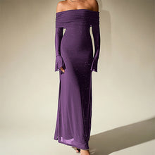 Load image into Gallery viewer, Mesh Silver Square Dress Sexy off Shoulder Flared Long Sleeve Dress Maxi Dress