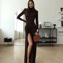 Load image into Gallery viewer, Fall Winter Women High Collar Long Sleeve Stitching Lace up Waist Controlled Slim Fit Solid Color Dress Women