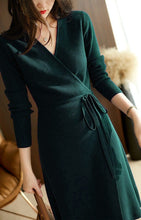 Load image into Gallery viewer, V neck Lace up Stomach Blanket Dress Women Autumn Winter Korean Loose Slim Socialite Knitted Dress
