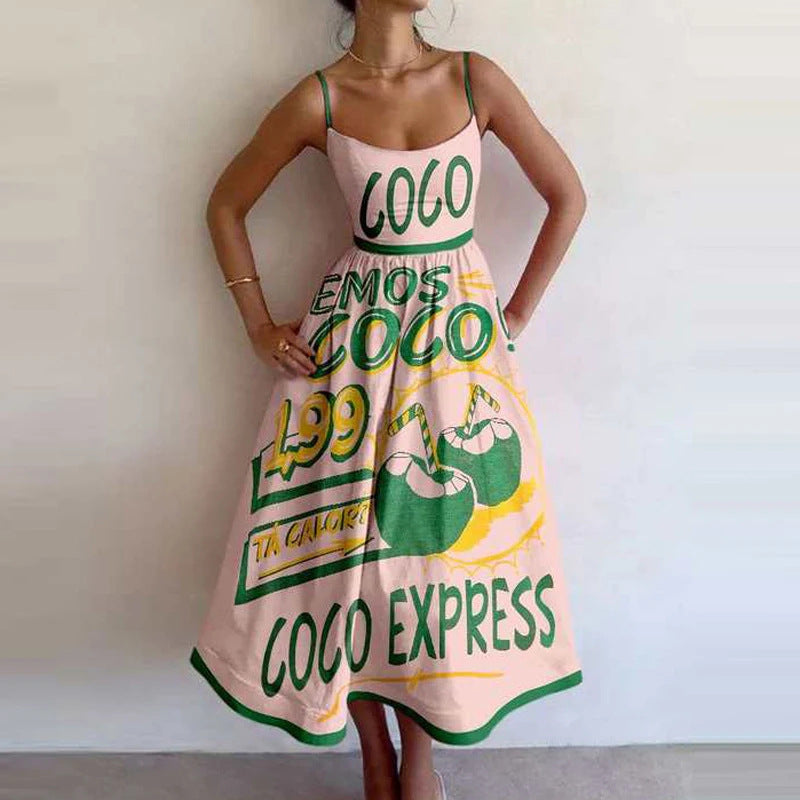 Spring Women Clothing Printing Pleated Waist Tight Large Swing Sling Dress