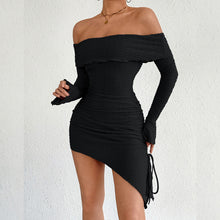 Load image into Gallery viewer, Autumn Winter Women Clothing off Neck Bell Sleeve Sheath Strapless Sexy Dress