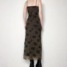 Load image into Gallery viewer, French Retro Elegant Adult Lady Woman Floral Print Maxi Dress Mesh Wooden Ear Off Neck Slim Strap Long One Step Dress