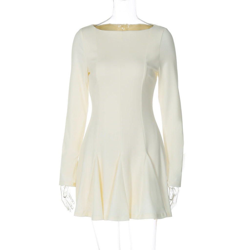 Women Clothing Autumn Bead round Neck Pleated Slim Waist Back Zipper Dress