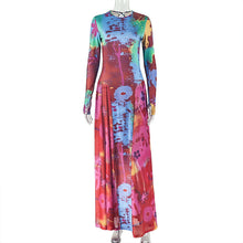 Load image into Gallery viewer, Women Clothing Vintage Crumpled Printed Patchwork Waist Slimming A line Dress round Neck Home Long Sleeve Dress