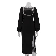 Load image into Gallery viewer, Design Diamond Square Collar Dress Women Elegant Long Sleeve Waist Tight Slit Sheath Dress