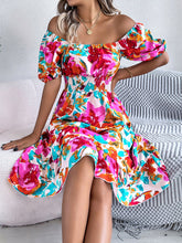Load image into Gallery viewer, Spring Summer Casual Floral Square Collar Short Sleeve Waist Trimming Ruffles A line Dress Women Clothing