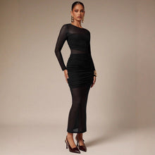 Load image into Gallery viewer, Round Neck Mesh Stitching Solid Color Slim Fit Sheath Pleated Edge Ladies Long Dress