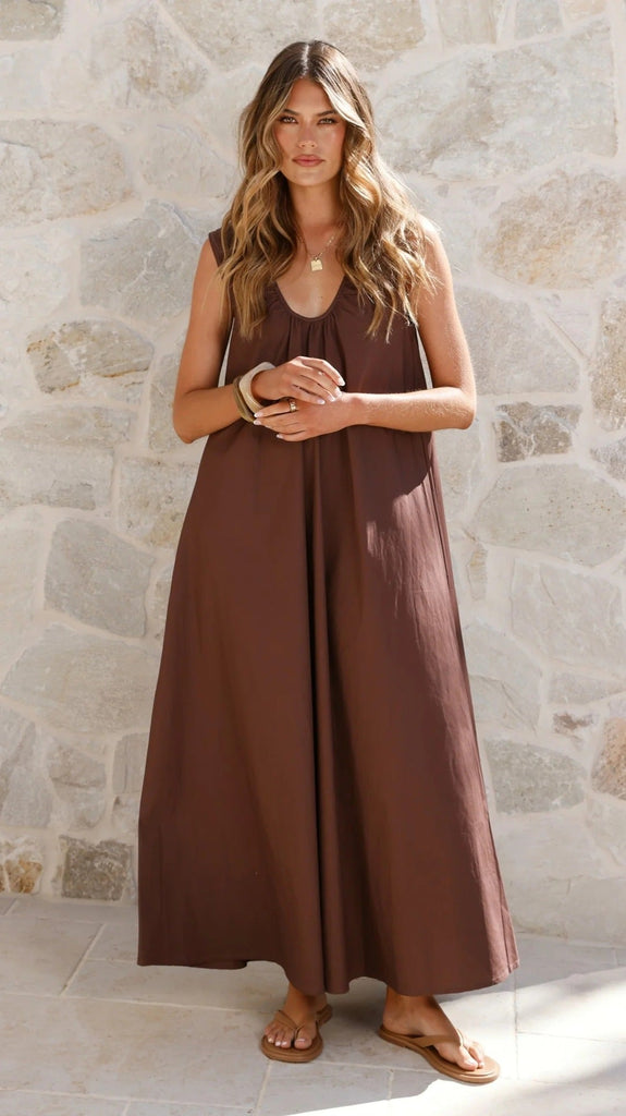 Spring Summer Women Solid Color Maxi Dress U Neck A line Simple Elegant Dress Vest Maxi Dress