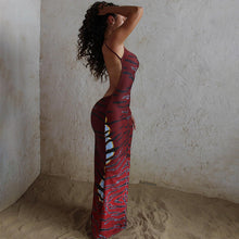 Load image into Gallery viewer, Fall Women Clothing Printed Sexy Backless Spaghetti Straps Sheath Split Dress