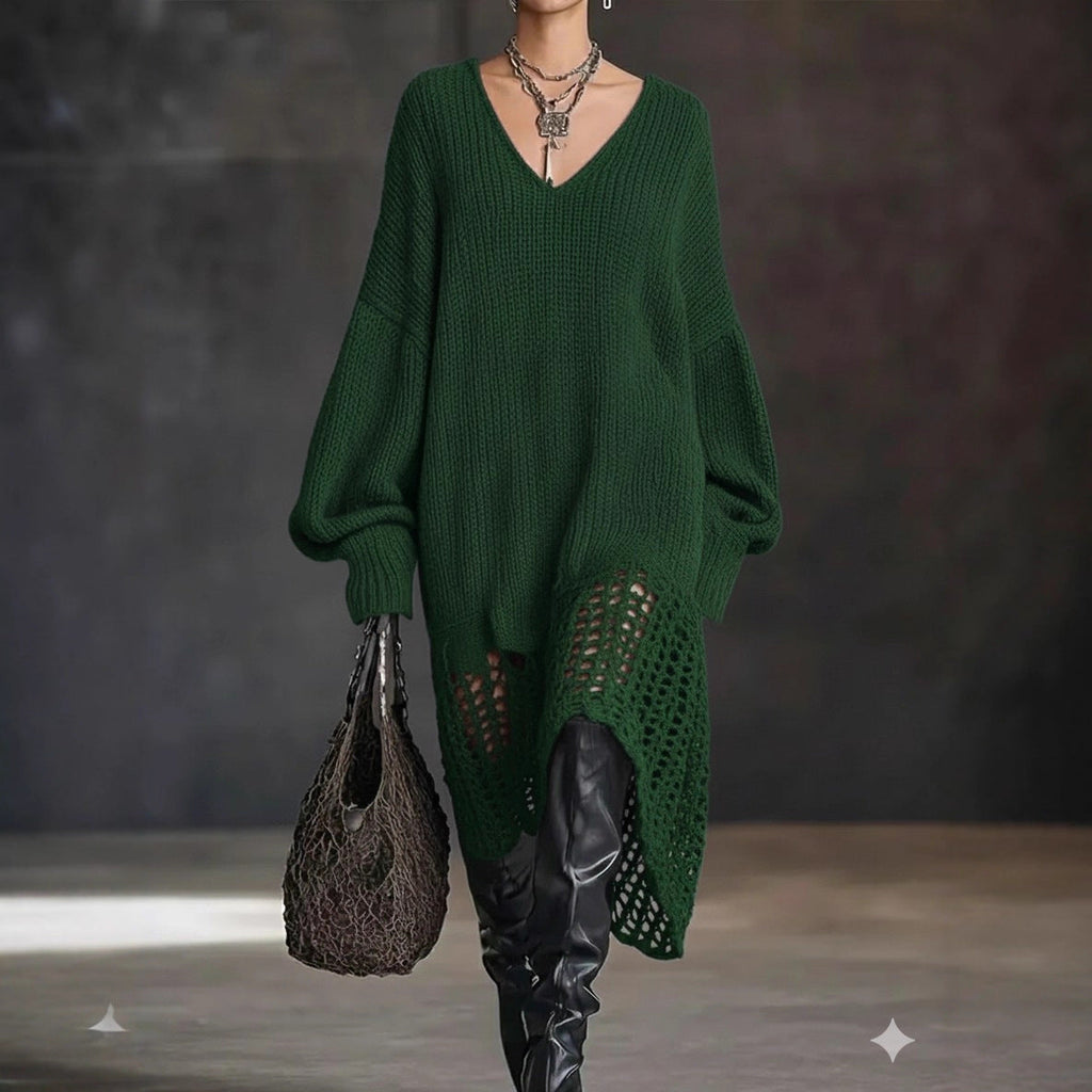 V neck Knitted Dress Irregular Asymmetric Hem Hollow Out Cutout out Loose Dress