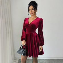Load image into Gallery viewer, Retro Socialite Christmas Wine Red Velvet V neck Lantern Sleeve Slim Slimming A line Pleated Short Dress