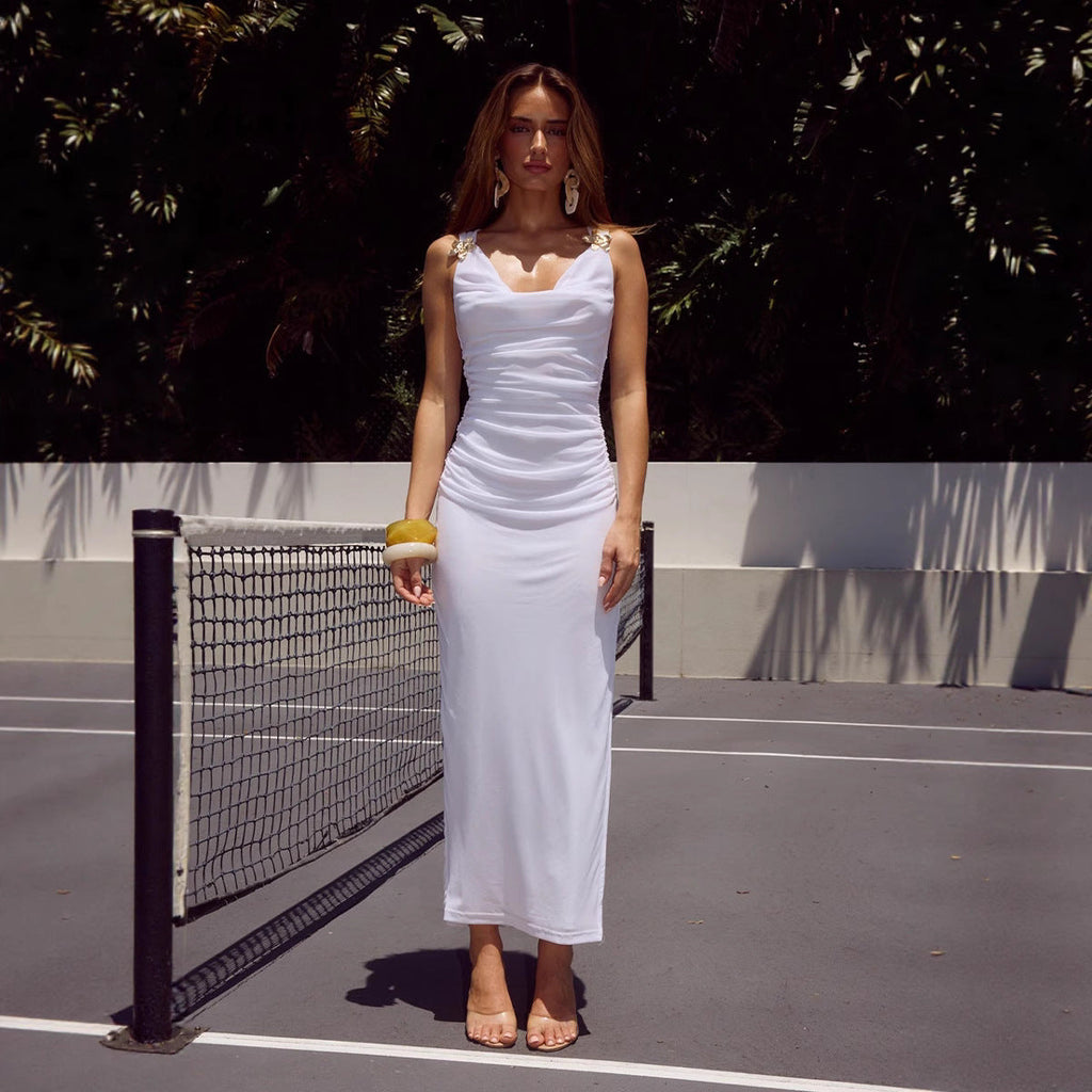 Fashionable All Match Sling Swing Collar Pleating Sheath High Waist Slit Sleeveless Maxi Dress