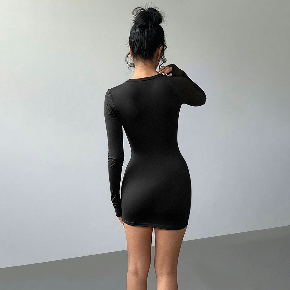 Autumn Winter Sexy Hollow Out Cutout Long Sleeved Slim Fit Sheath Solid Color Party Dress