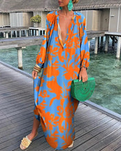 Load image into Gallery viewer, Fall Women Clothing Printed Pullover Long Sleeve Dress V neck Swing Loose Jumpsuit