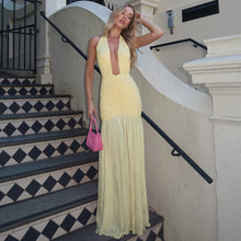 Load image into Gallery viewer, Summer Women Clothing Solid Color Sexy Mesh Stitching Deep V Plunge neck Halter Tied Dress