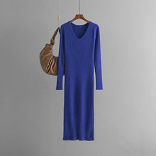 Load image into Gallery viewer, Autumn Winter V neck Knitted Dress Outer Wear Straight Slimming Long Sleeve Sunken Stripe Slit Base Overknee Sweater Dress