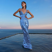 Load image into Gallery viewer, Sequined Blue Sequin V neck Dress with Shoulder Straps Sexy Dress Women Clothing