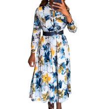 Load image into Gallery viewer, V neck Printed Waist-Controlled Casual Vacation Elegant Long Sleeve A line Dress （Without Belt）